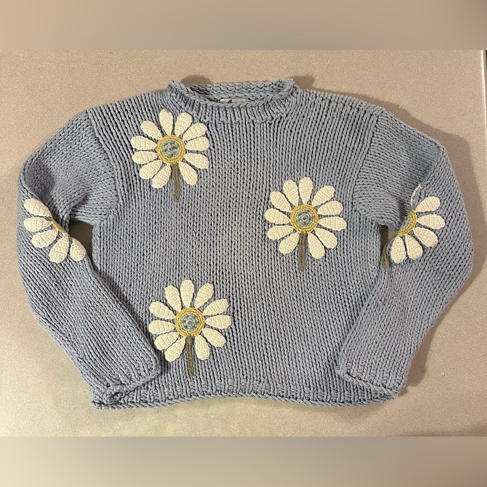 Eir Women’s Daisies Chunky Knit Light Blue Sweater, Size Large